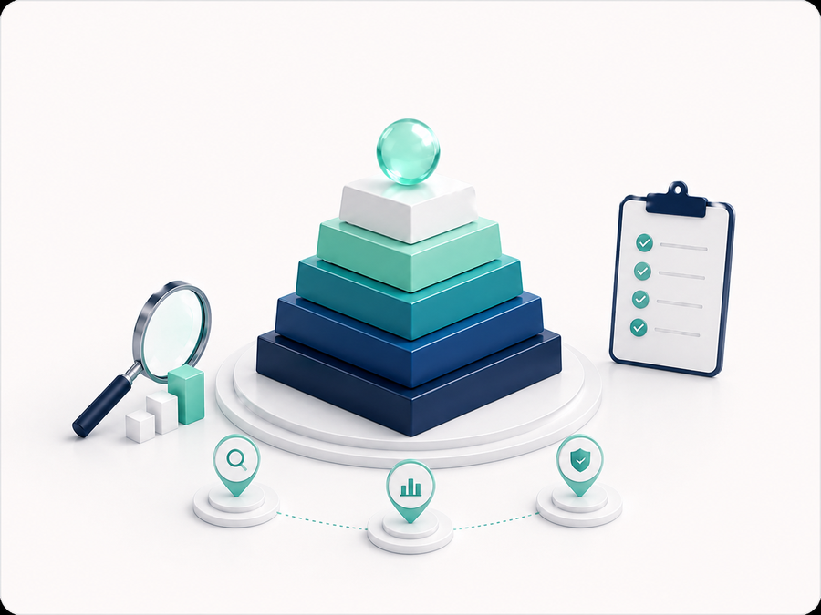 Layered diagnostic and maturity model with structured review markers, checklist and analysis tools representing consulting-led assessment delivery.