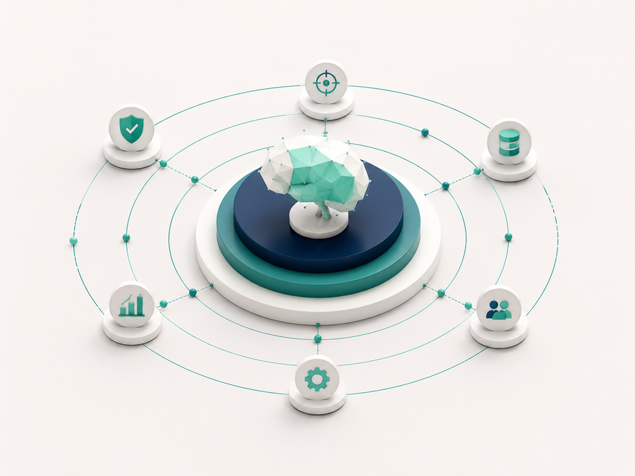 An AI brain connected to maturity capabilities representing governance, data, people, process and technology.