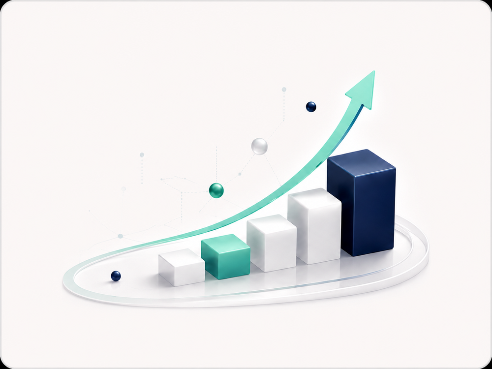 Ascending performance bars and upward arrow representing operational improvement and progression.