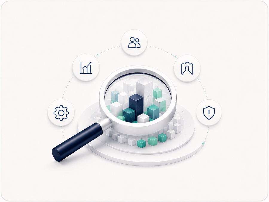 Magnifying glass examining an organization and interconnected diligence dimensions.