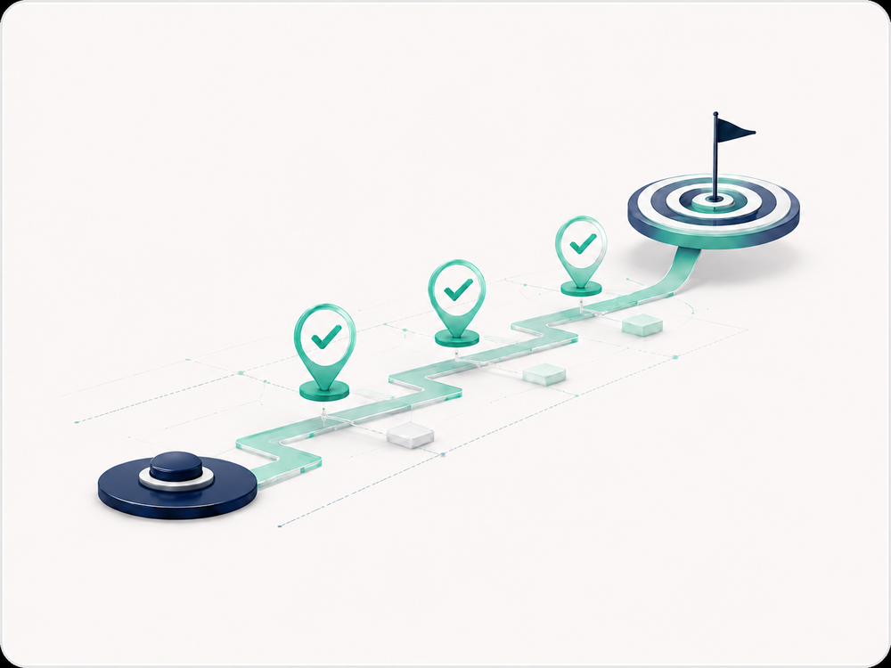 Connected milestones progressing toward a target, representing transformation monitoring and corrective action.