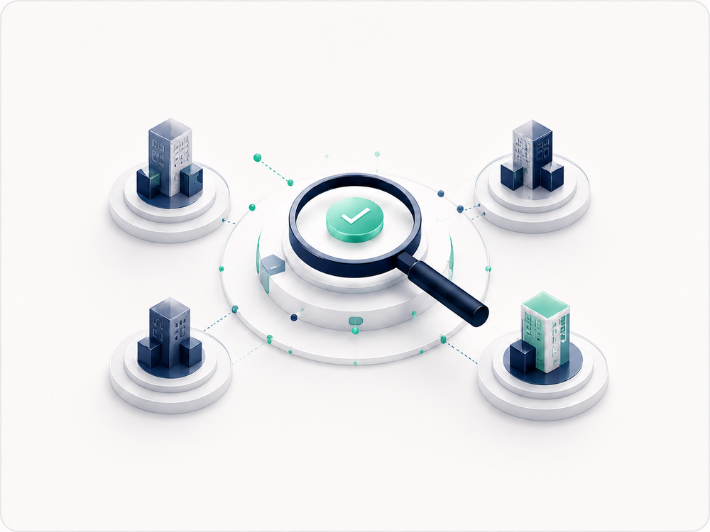 Magnifying glass connecting several organizational entities through one structured review.