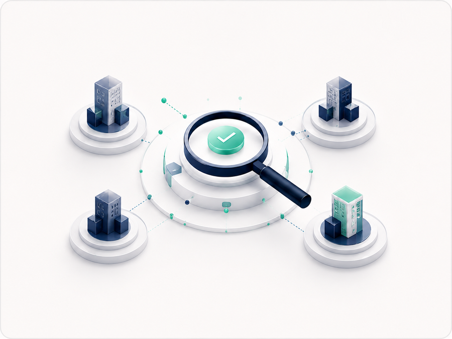 Magnifying glass connecting several organizational entities through one structured review.