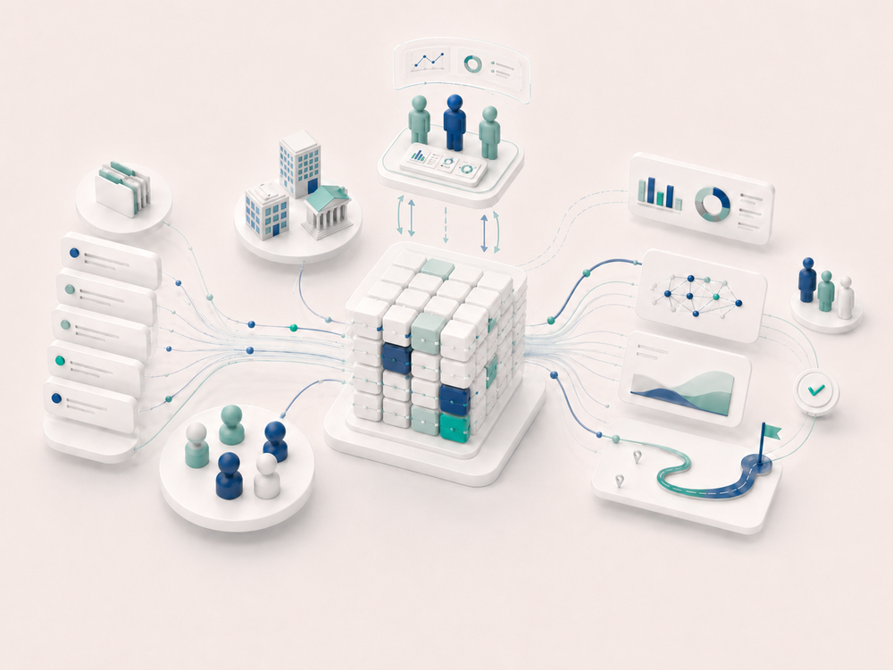 Evalu+ connects evaluation criteria, organizational units and contributors to validated analysis, AI-assisted insight and coordinated roadmaps.