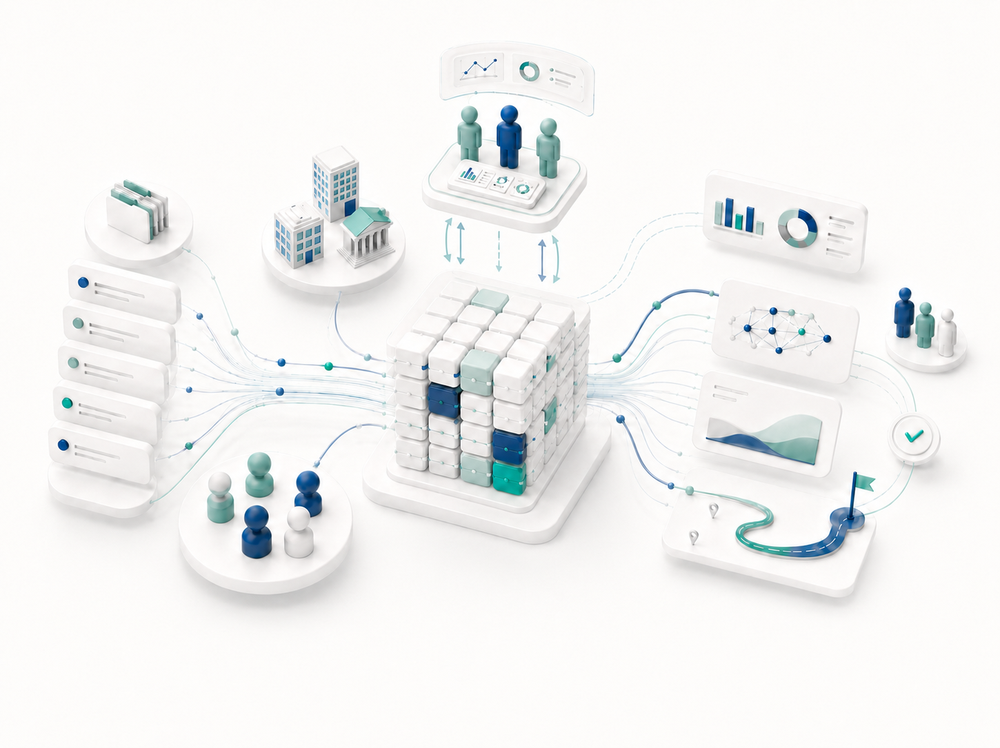 Evalu+ connects evaluation criteria, organizational units and contributors to validated analysis, AI-assisted insight and coordinated roadmaps.
