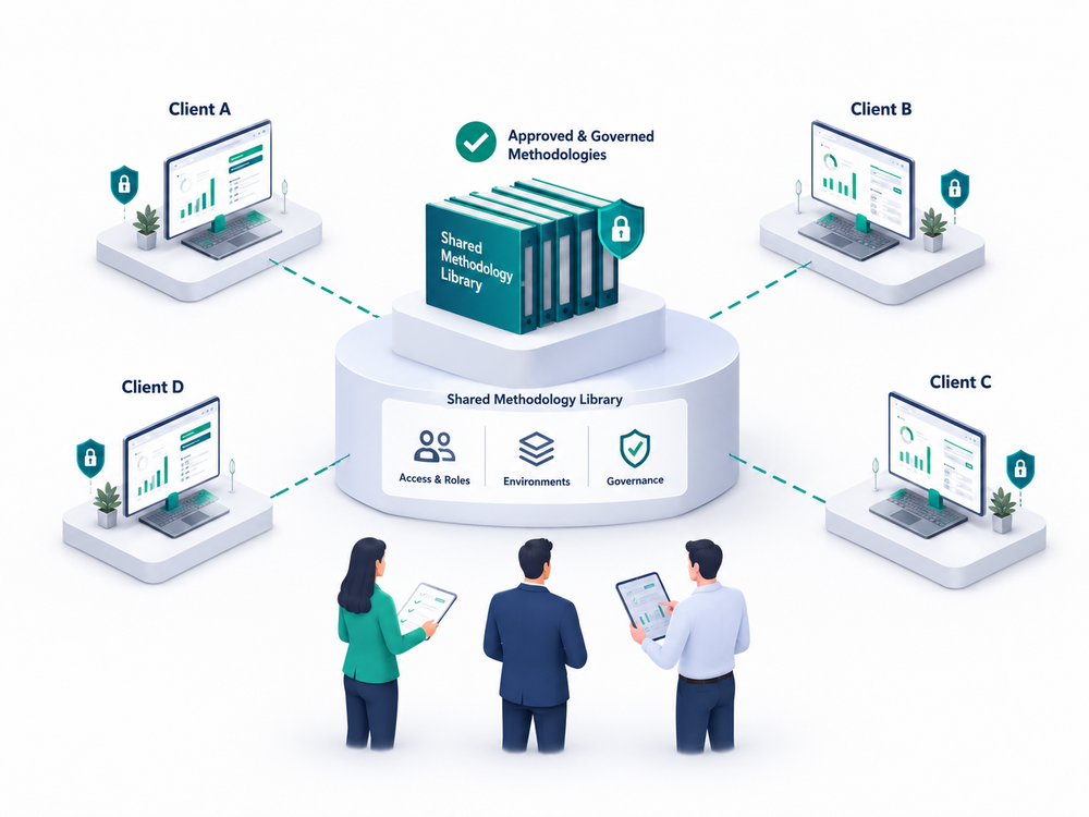 Advisory firm reusing a governed evaluation methodology across separate client programs, with client-specific teams, evidence and roadmaps.