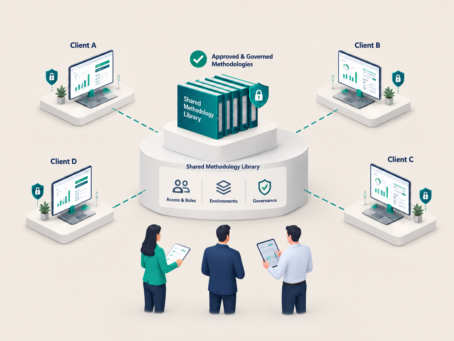 Advisory firm reusing a governed evaluation methodology across separate client programs, with client-specific teams, evidence and roadmaps.