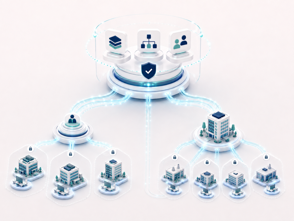 Centralized management of evaluation core components interacting with local evaluation program execution (advisors on the left side, enterprises on the right side)