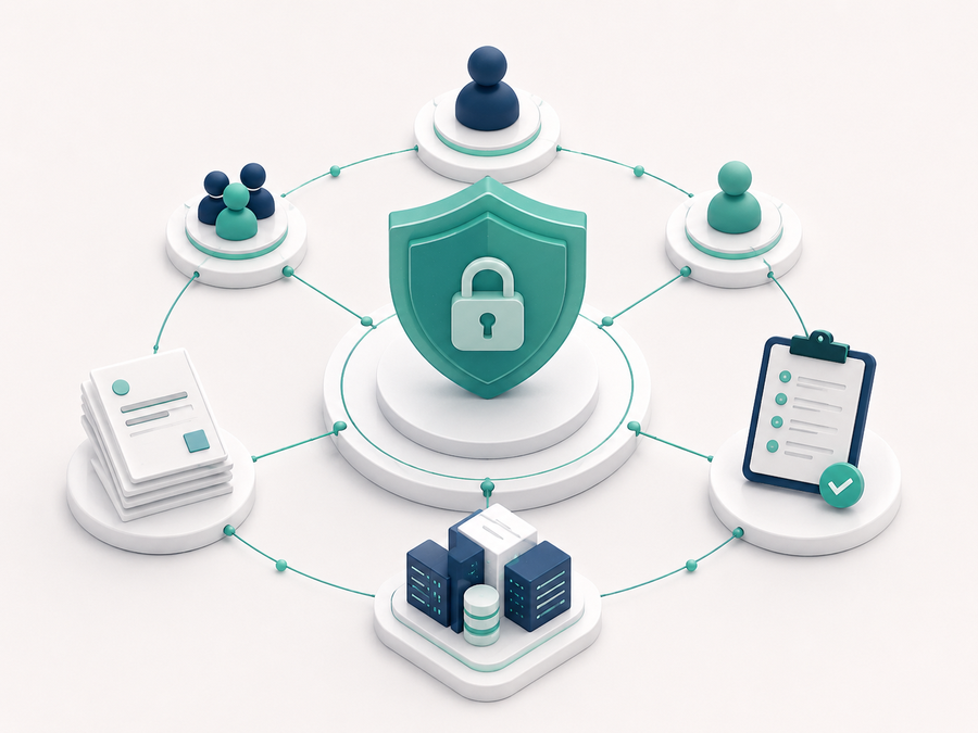 A protective shield connecting roles, policy documents, infrastructure and an oversight checklist.