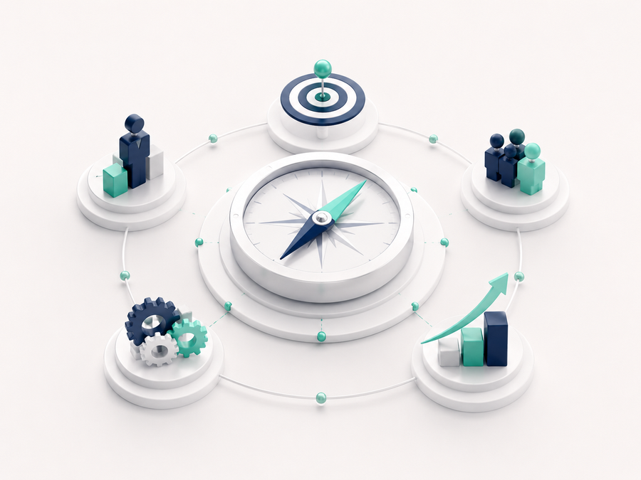 A compass surrounded by leadership, people, process and performance symbols pointing towards an excellence target.