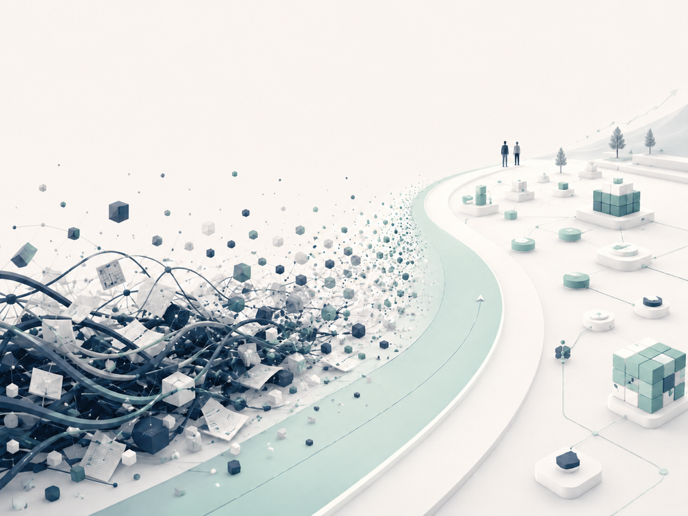 Abstract transition from fragmented evaluation complexity to a structured, connected operating model.