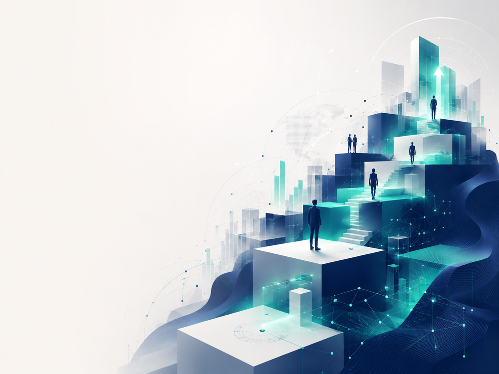 People ascend connected stages alongside rising performance bars, representing coordinated enterprise improvement.