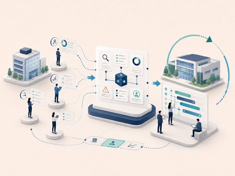 Specialist evaluation inputs from a target company flow through a structured evaluation process into priorities and an improvement roadmap for a portfolio company.