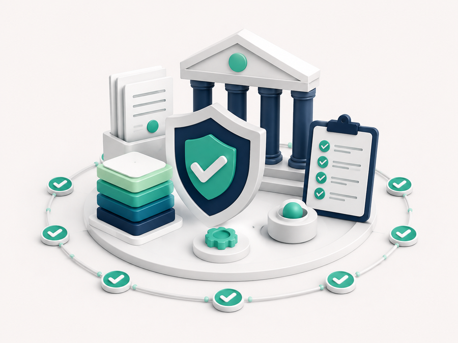 A shield, policy documents, audit checklist and governance structure connected by a continuous verification ring.