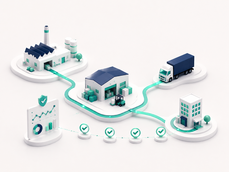 A factory, warehouse, transport vehicle and customer connected by a continuous performance flow.